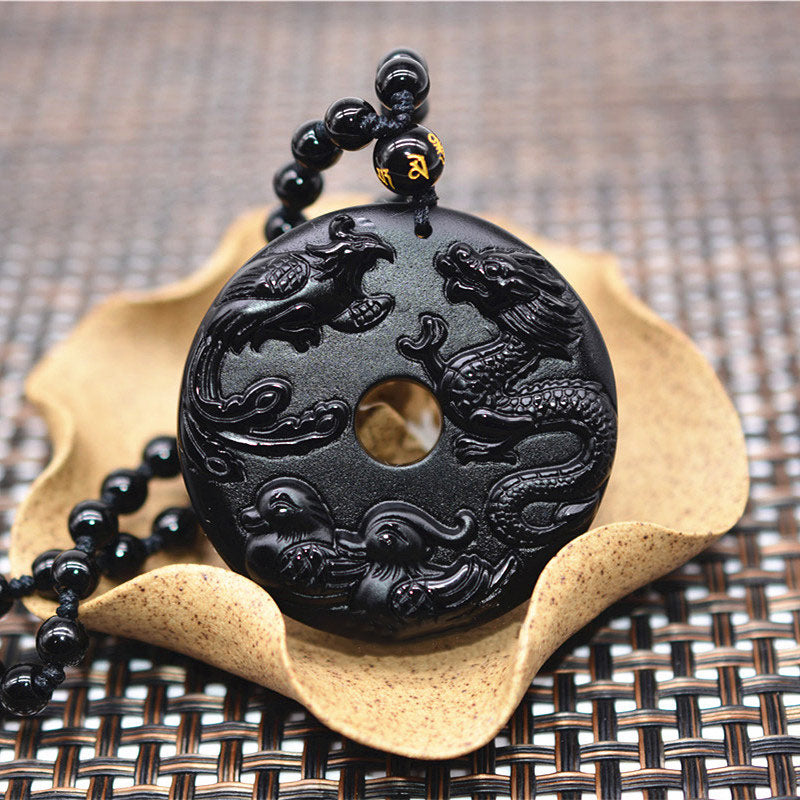 ATELIER-TIBET – Collier Dragon & Phénix en Obsidienne Noire Naturelle