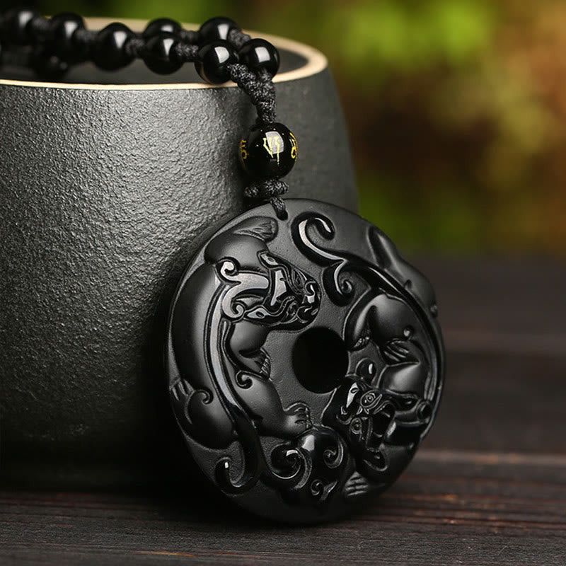 ATELIER-TIBET – Collier Pixiu & Boucle de Paix en Obsidienne Noire Naturelle