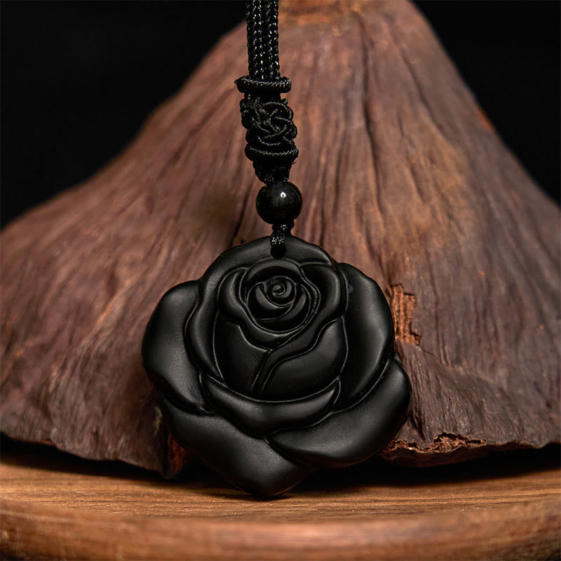 ATELIER-TIBET – Collier Pendentif Rose en Obsidienne Noire Naturelle