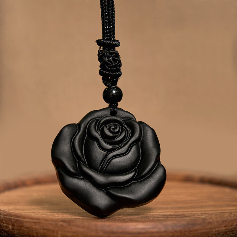 ATELIER-TIBET – Collier Pendentif Rose en Obsidienne Noire Naturelle
