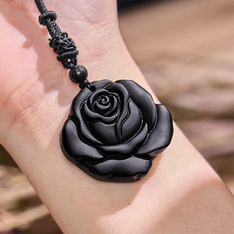ATELIER-TIBET – Collier Pendentif Rose en Obsidienne Noire Naturelle