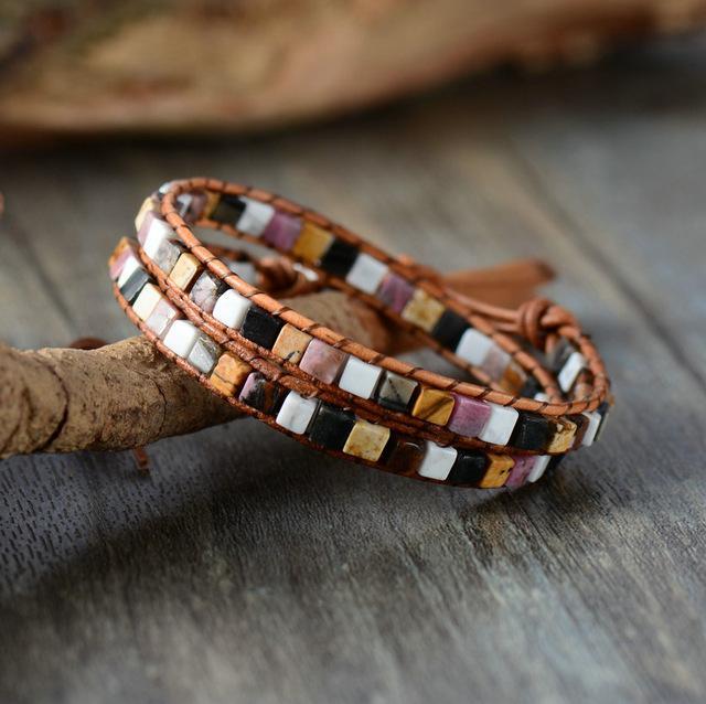 ATELIER-TIBET – Bracelet Double Tour « Vie Colorée » en Pierres Naturelles & Cuir