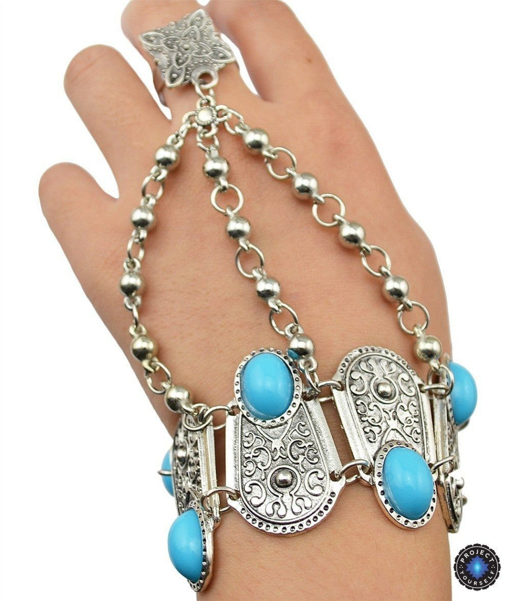 ATELIER-TIBET – Chaîne de Main Bohème en Argent Vintage avec Fleur & Pièce (Ajustable)