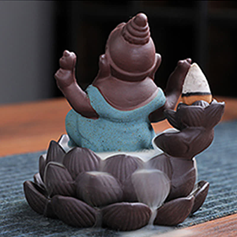 ATELIER-TIBET Brûleur d'encens à reflux en argile violette avec protection contre la fumée de l'éléphant Ganesh
