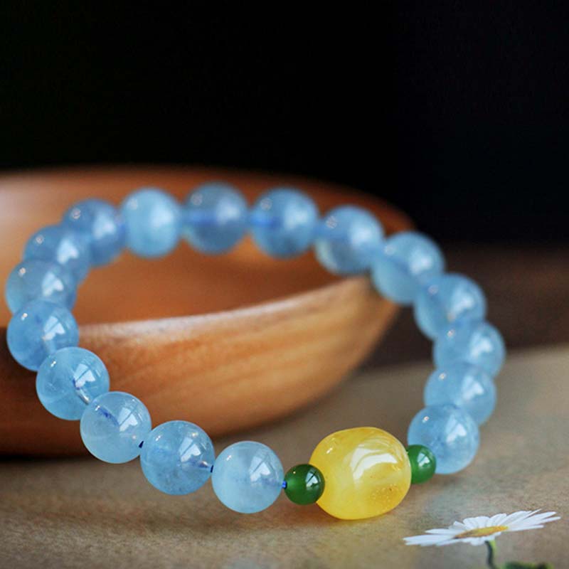 ATELIER-TIBET – Bracelet Sérénité en Aigue-Marine & Ambre Naturels 8 mm | Harmonie & Apaisement Symbolique