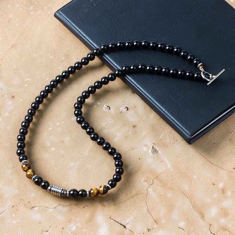ATELIER-TIBET – Collier Bouclier de Sagesse en Obsidienne Noire & Oeil de Tigre