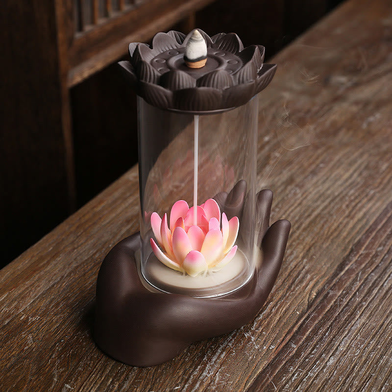 ATELIER-TIBET – Porte-Encens Main de Bouddha Lotus Éveil en Argile Pourpre avec LED