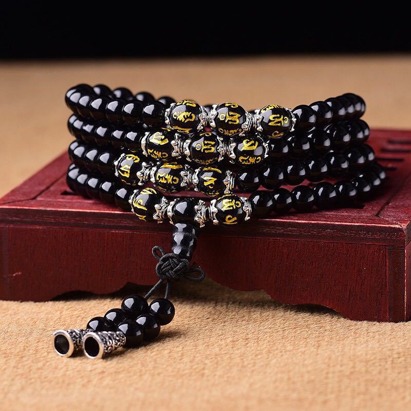 ATELIER-TIBET – Bracelet Mala de Protection en Obsidienne Noire 6 mm – Six Mots Sacrés