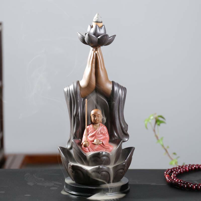 ATELIER-TIBET Brûleur d'encens à reflux en céramique Bouddha Avalokitesvara Chenrezig Ksitigarbha avec bénédiction du lotus