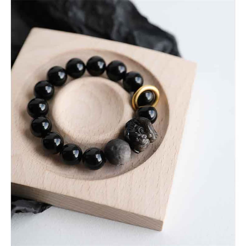 ATELIER-TIBET – Bracelet Force du Lion en Obsidienne Noire & Argentée – Perles 12 mm