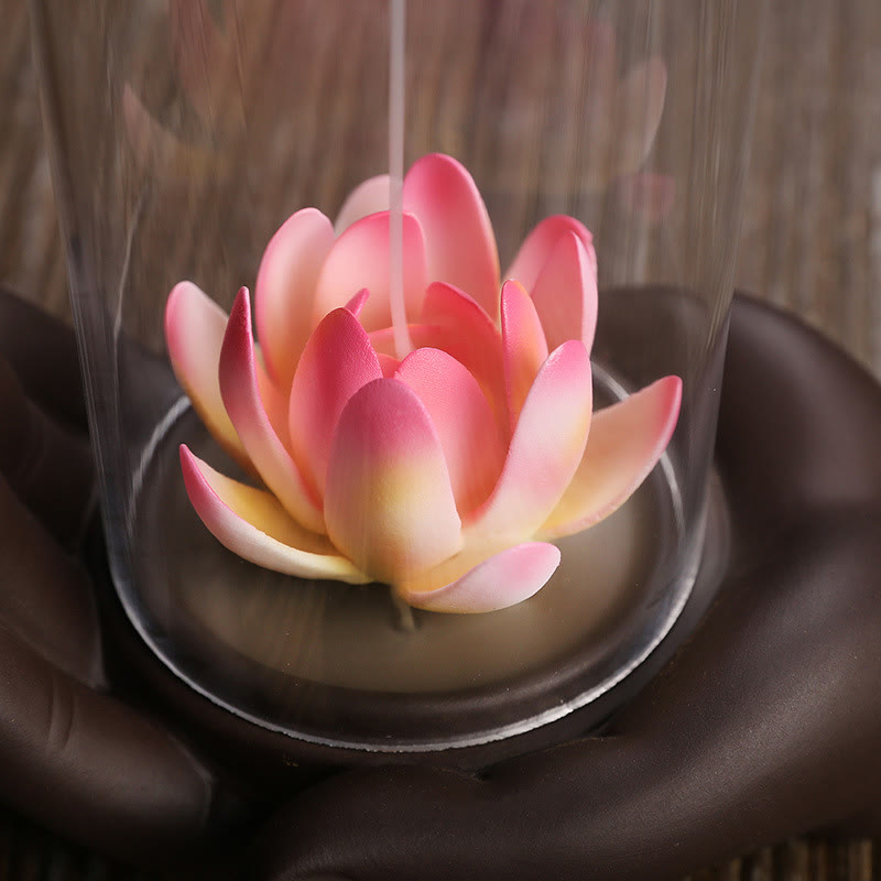 ATELIER-TIBET – Porte-Encens Main de Bouddha Lotus Éveil en Argile Pourpre avec LED