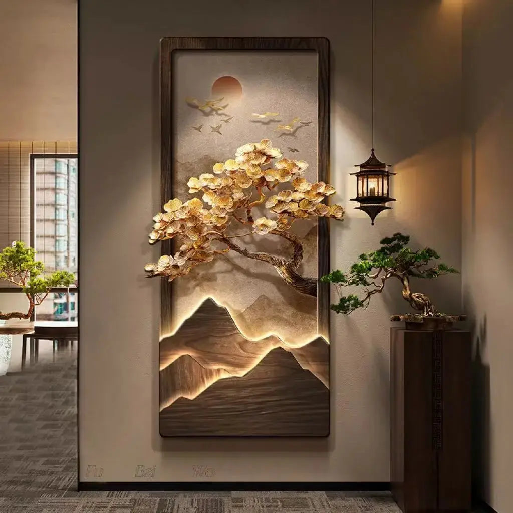 ATELIER-TIBET – Décoration Murale Japonaise Lumineuse avec Arbre Doré et Paysage Zen
