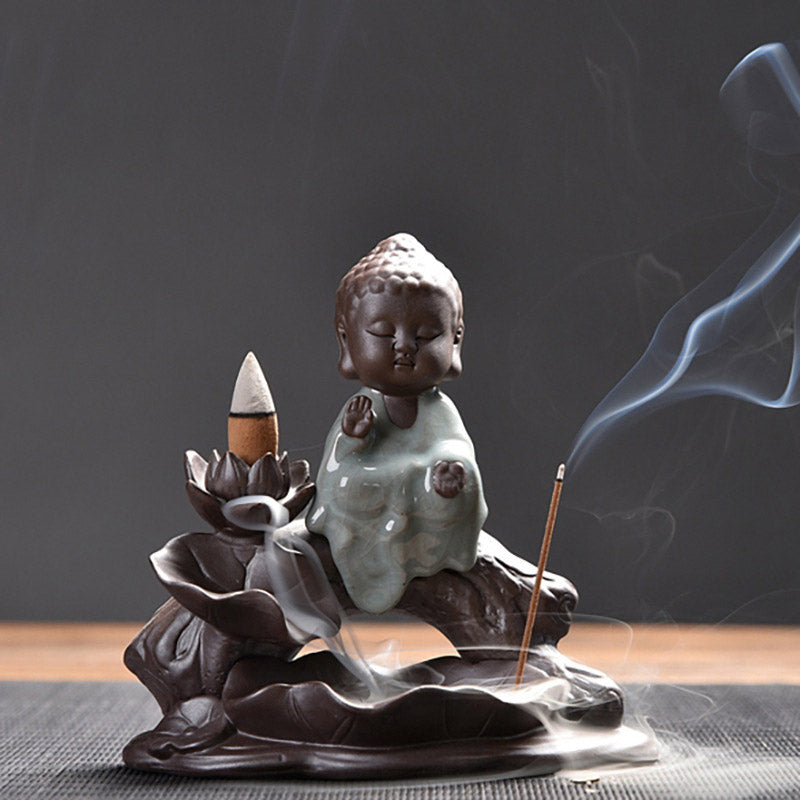 ATELIER-TIBET Brûleur d'encens en céramique avec bénédiction de lotus et petit moine en Buddha Stones
