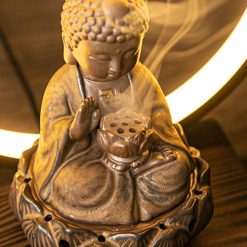 ATELIER-TIBET Brûleur d’Encens Reflux Bouddha Lotus en Céramique – Porte-Encens LED