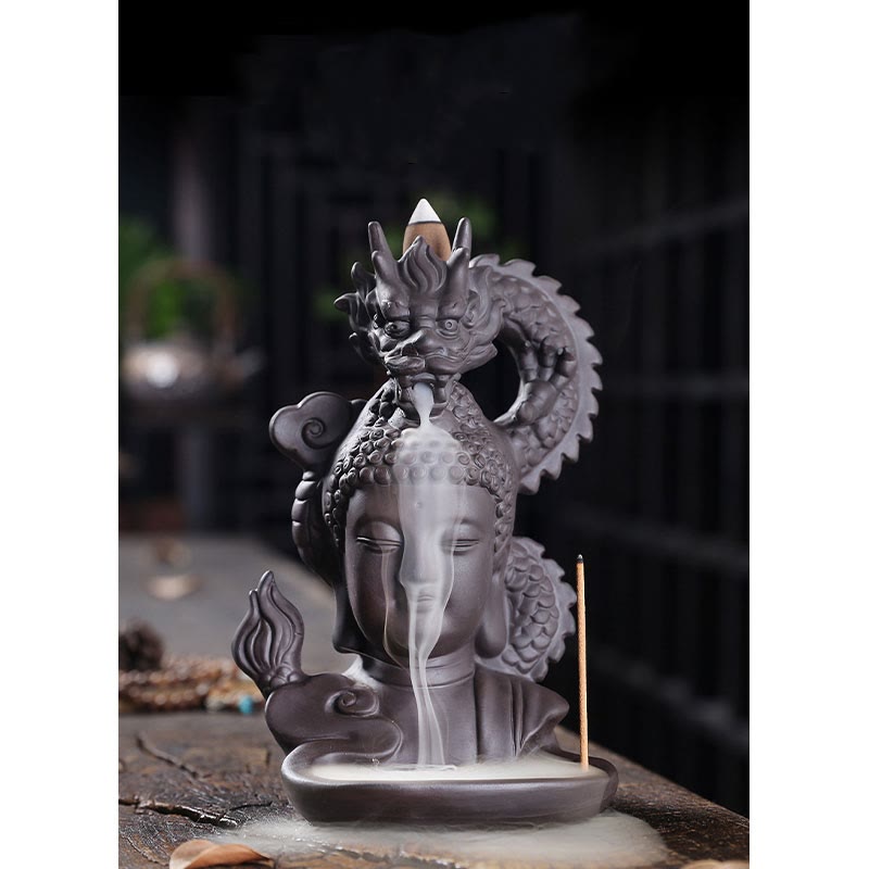 ATELIER-TIBET – Porte-Encens Bouddha Dragon en Argile Pourpre 10,5 cm pour Méditation