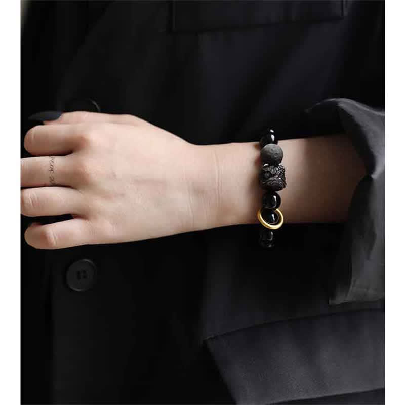 ATELIER-TIBET – Bracelet Force du Lion en Obsidienne Noire & Argentée – Perles 12 mm