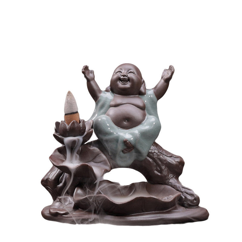 ATELIER-TIBET Brûleur d'encens en céramique avec bénédiction de lotus et petit moine en Buddha Stones