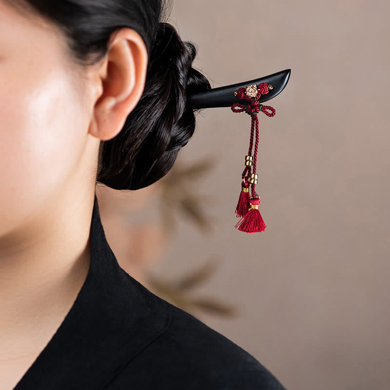 ATELIER-TIBET Pic à Cheveux Ébène & Pampille Rouge – 18 cm