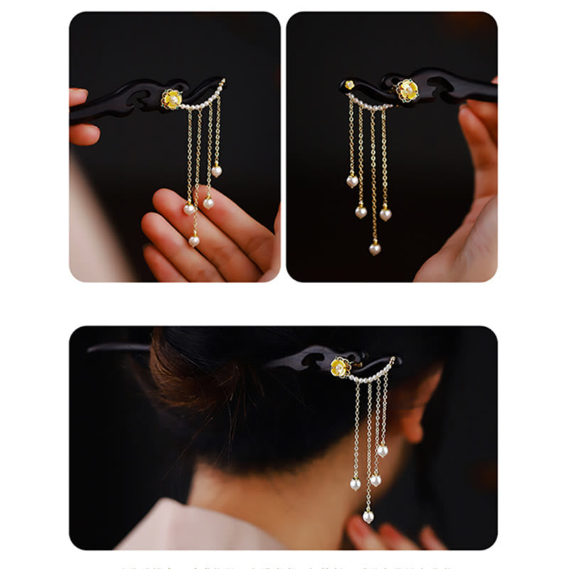 ATELIER-TIBET Pic à Cheveux Ébène & Perles Jaunes 18cm