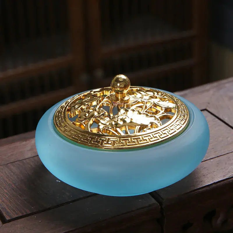 ATELIER-TIBET – Brûleur d’Encens en Verre, Plateau Bouddhiste