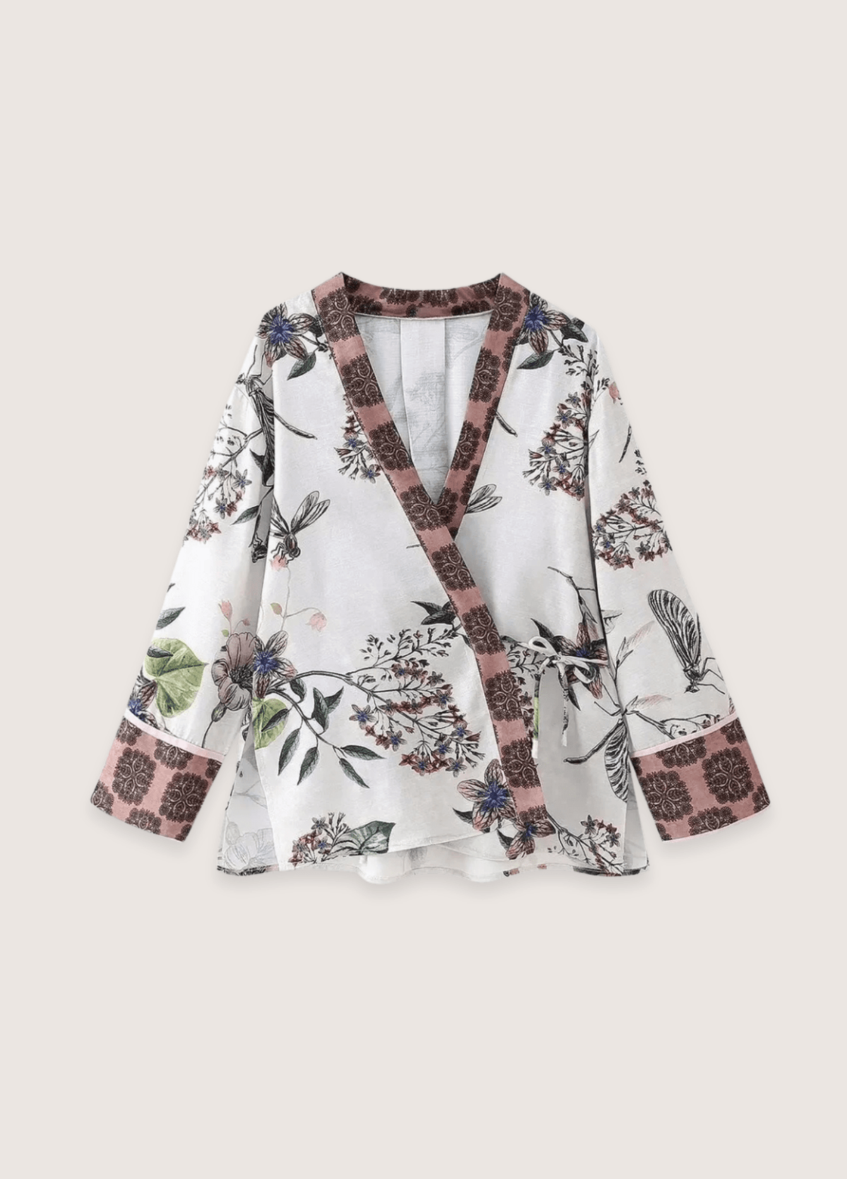 Ensemble kimono femme motif pivoine blanc – Yoko (veste + pantalon)