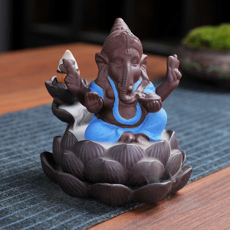 ATELIER-TIBET Brûleur d'encens à reflux en argile violette avec protection contre la fumée de l'éléphant Ganesh