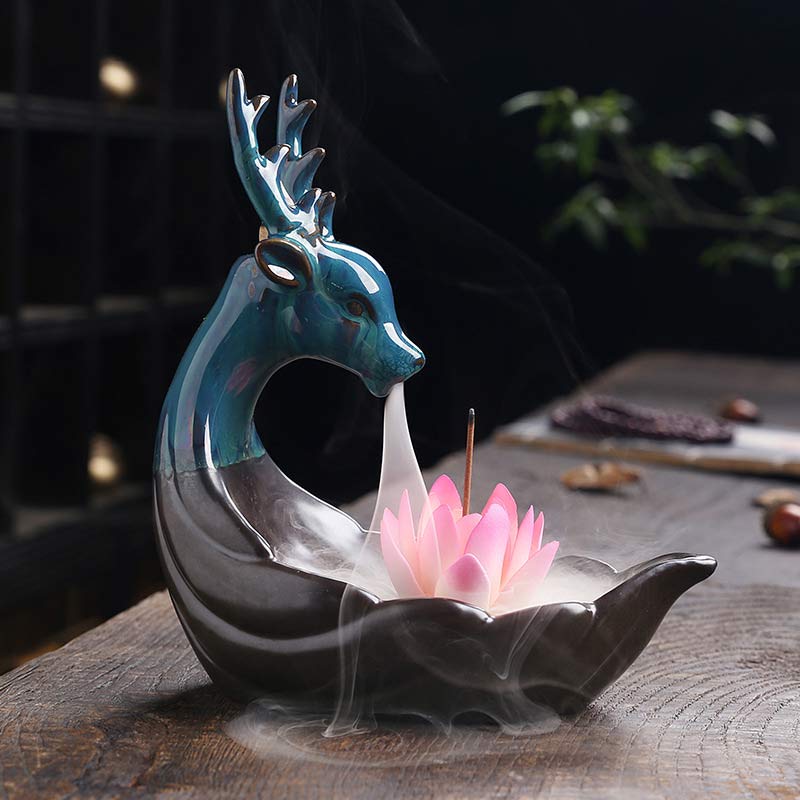 ATELIER-TIBET – Brûleur d’Encens en Céramique Lotus & Cerf à Reflux