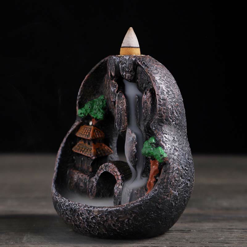 ATELIER-TIBET Brûleur d’Encens Bouddha à Cascade Paysage Montagnes en Résine