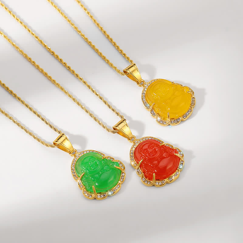 ATELIER-TIBET Pendentif Bouddha Rieur en Jade & Plaqué Or 18K – 45+7 cm