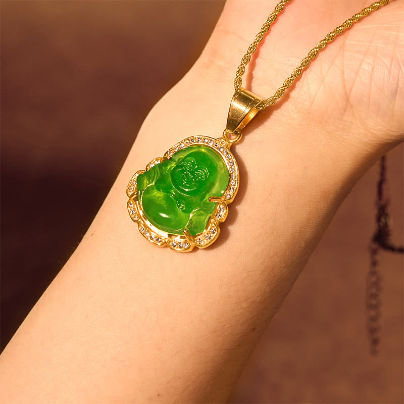 ATELIER-TIBET Pendentif Bouddha Rieur en Jade & Plaqué Or 18K – 45+7 cm