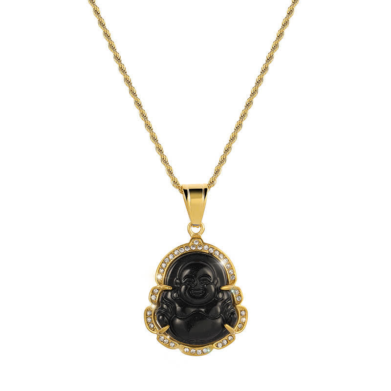 ATELIER-TIBET Pendentif Bouddha Rieur en Jade & Plaqué Or 18K – 45+7 cm