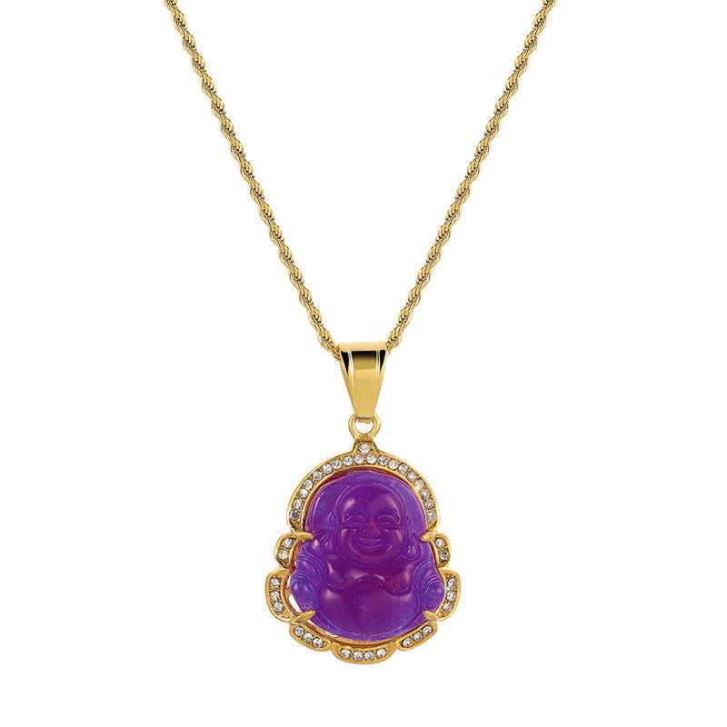 ATELIER-TIBET Pendentif Bouddha Rieur en Jade & Plaqué Or 18K – 45+7 cm