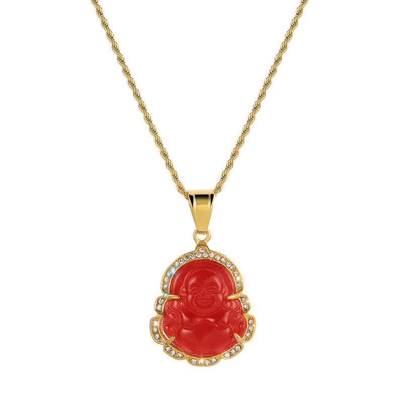ATELIER-TIBET Pendentif Bouddha Rieur en Jade & Plaqué Or 18K – 45+7 cm