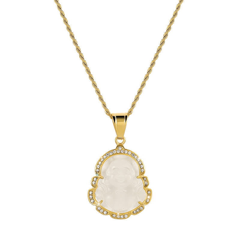 ATELIER-TIBET Pendentif Bouddha Rieur en Jade & Plaqué Or 18K – 45+7 cm