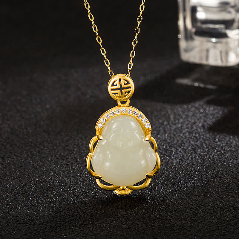 ATELIER-TIBET Collier Bouddha en Jade Blanc Hetian & Argent 925 – 40+5 cm