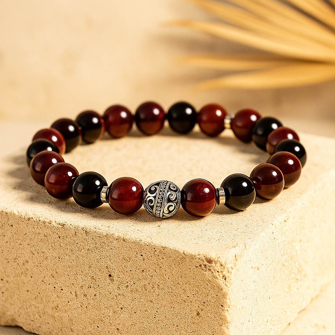 ATELIER-TIBET – Bracelet Premium Flamme Ardente en Grenat, Œil de Taureau & Obsidienne noire