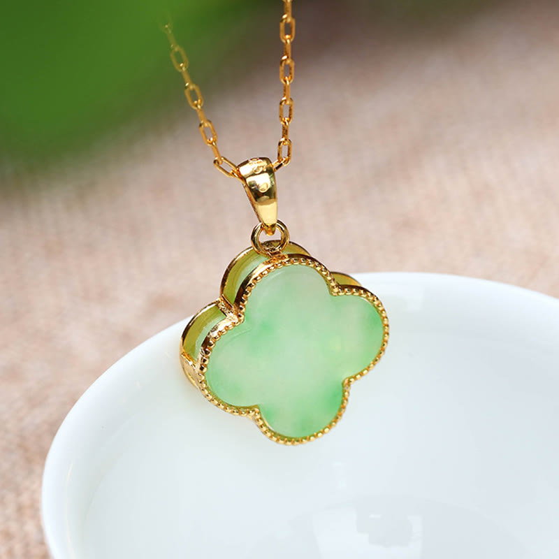 ATELIER-TIBET – Collier Porte-Bonheur en Jade Naturel Trèfle à Quatre Feuilles