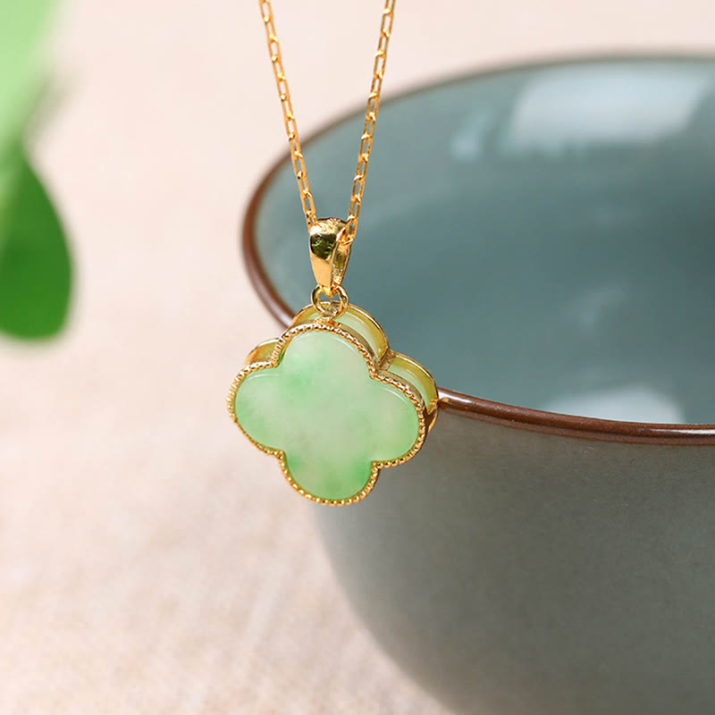 ATELIER-TIBET – Collier Porte-Bonheur en Jade Naturel Trèfle à Quatre Feuilles