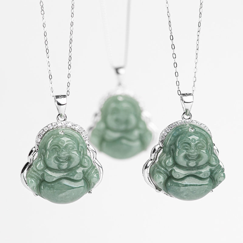 ATELIER-TIBET Collier Bouddha Rieur en Jade & Argent 925 – 45 cm