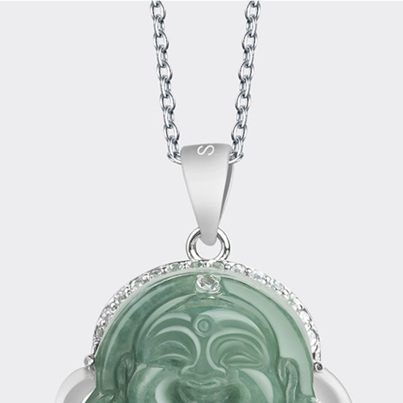 ATELIER-TIBET Collier Bouddha Rieur en Jade & Argent 925 – 45 cm