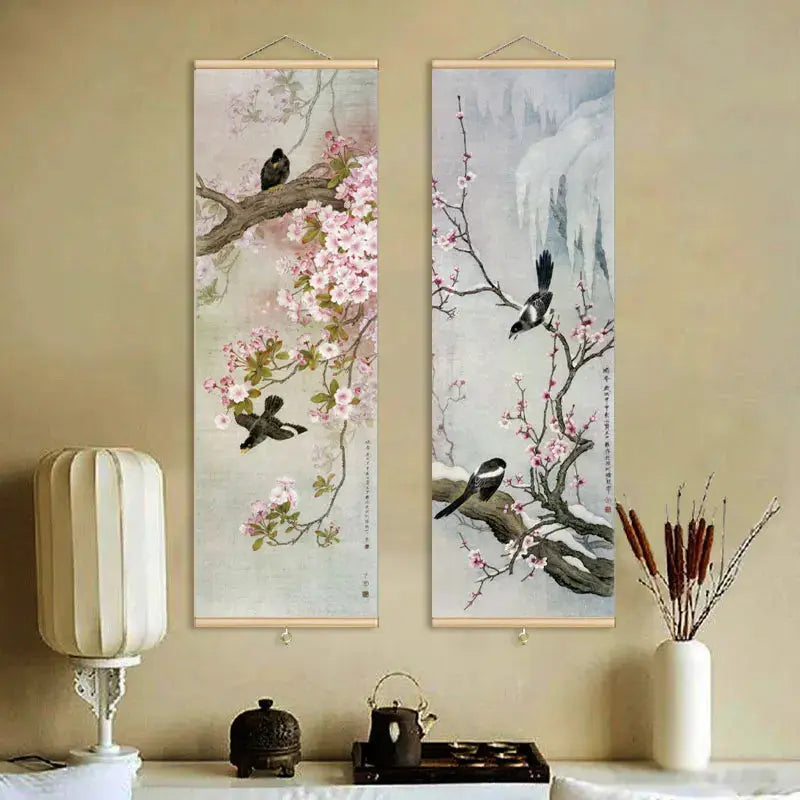 ATELIER-TIBET – Décoration Murale Japonaise Zen aux Oiseaux et Fleurs (Kakemono)