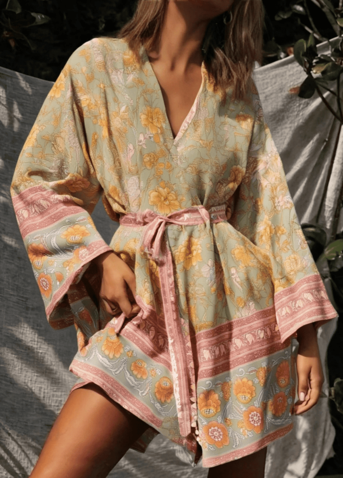 Kimono court femme floral jaune – Aurore