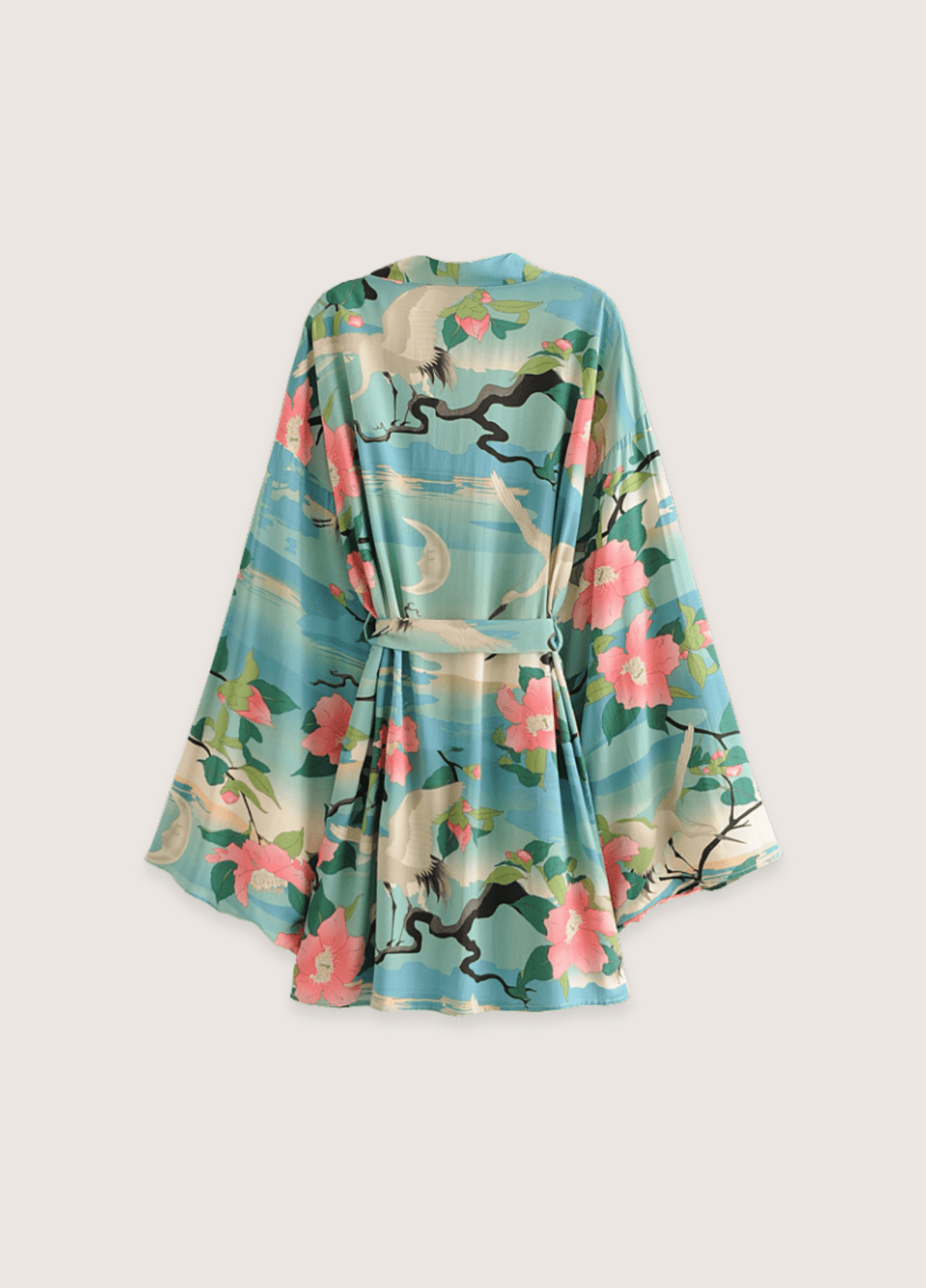 Kimono court femme motif grue vert – Évasion Tropicale