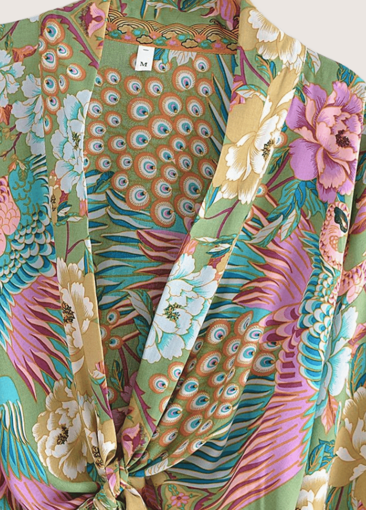 Kimono court femme coton motif paon pistache
