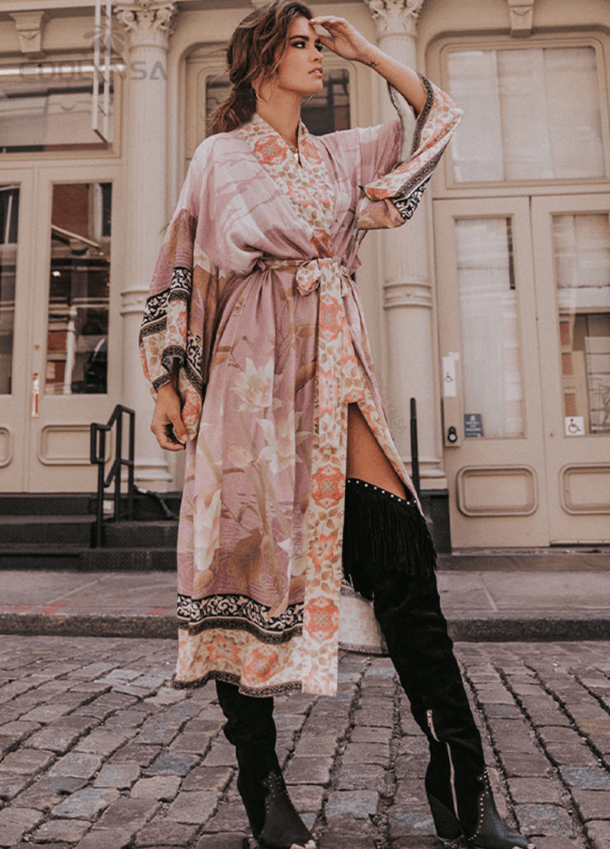 Kimono long femme viscose floral rose – Rose Bohème
