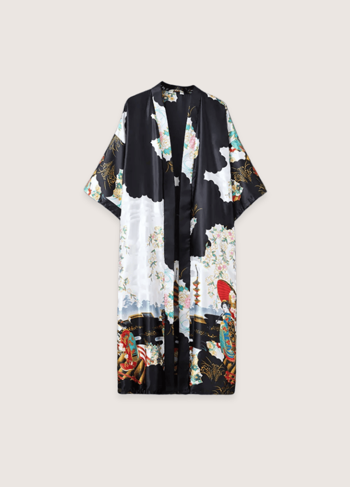 Kimono long femme effet soie noir imprimé geisha – Akane