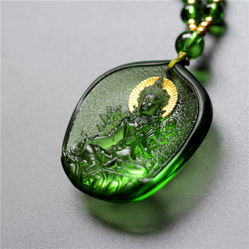 ATELIER-TIBET Pendentif Tara Verte en Cristal Liuli – Amulette de Protection Spirituelle (46 mm)