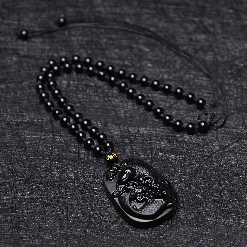 ATELIER-TIBET – Collier Lotus & Carpe Koï en Obsidienne Noire Naturelle