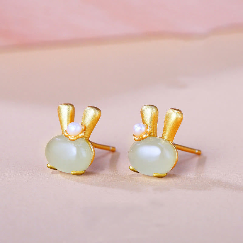 ATELIER-TIBET – Boucles d’Oreilles Lapin en Jade Hetian Naturel & Perles – Argent 925