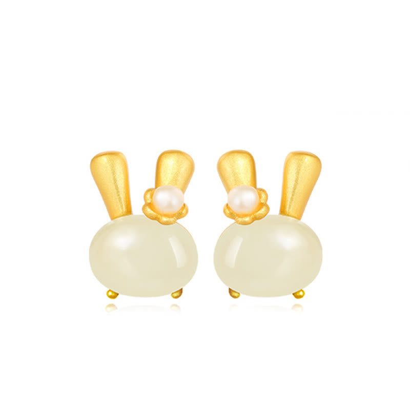 ATELIER-TIBET – Boucles d’Oreilles Lapin en Jade Hetian Naturel & Perles – Argent 925